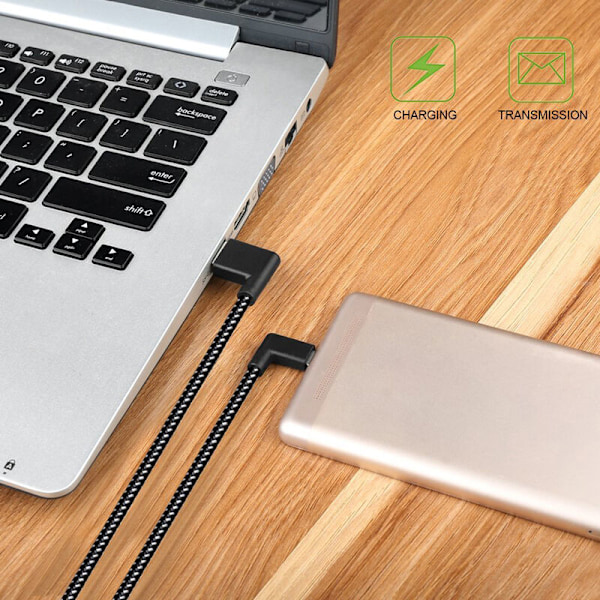 90 graders vinkelkontakt nylonflätad smartphone laddningskabel, USB laddningsströmkablar för Android-adapter 3 meter