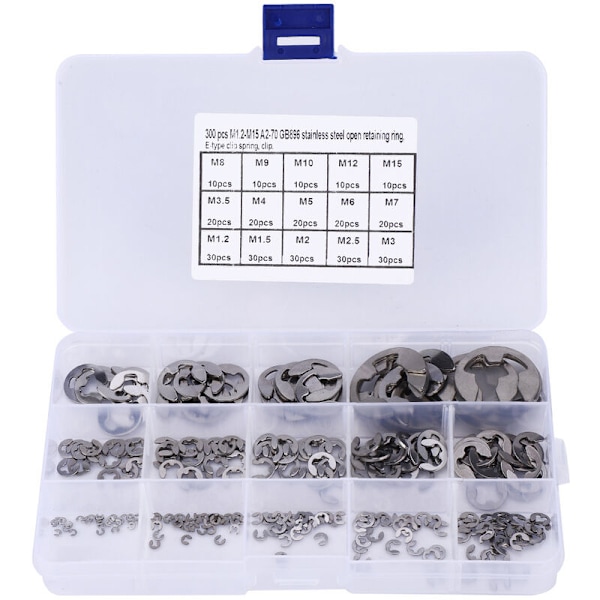 300 st E-klämmor Set Rostfritt Stål E-typ Hållring Cirkelstift Sortiment Kit M1.2 M15