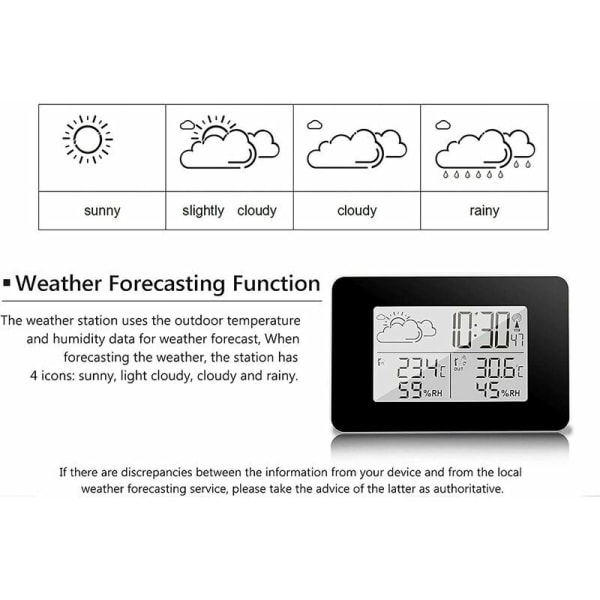 Trådløs vejrstation, multifunktionelt digitalt vejrur med udendørs vejr/temperatur/fugtighed/baggrundsbelysning/snooze-alarm én funktion (sort