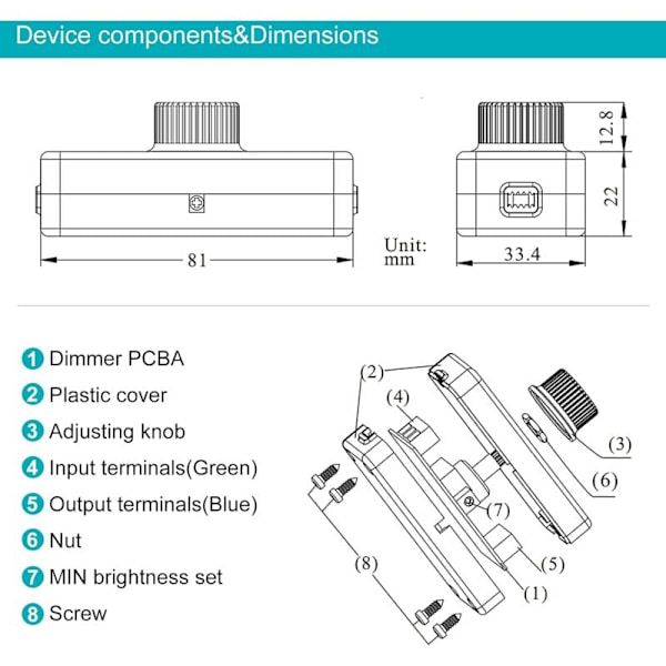 3-100W LED-bakkantdimmer (rotationsdimmer), används för dimbara LED, glödlampor, halogenlampor, 220-240V, CE-kontaktbrytare, svart