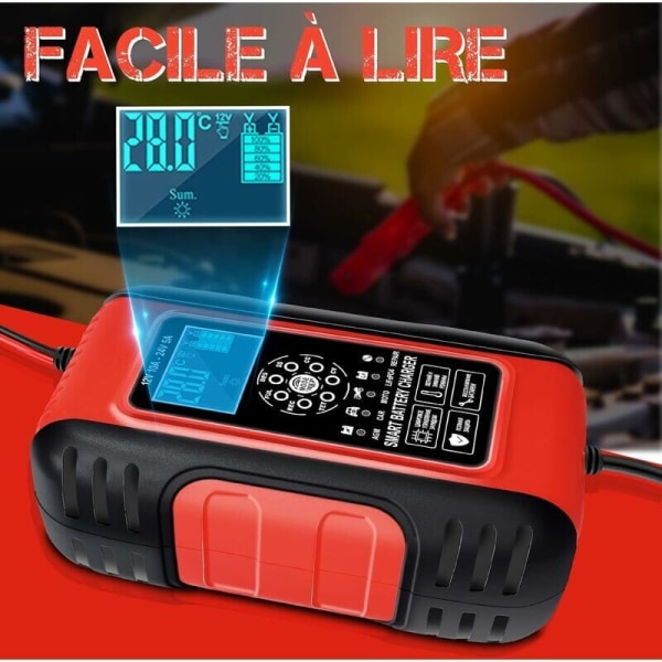 Intelligent Batterilader 10A 12V/24V LiFePO4 Batterilader til Bil Motorcykel Automatisk Auto Vedligeholdelseslader med LCD-skærm Reparationsfunktion til Ca