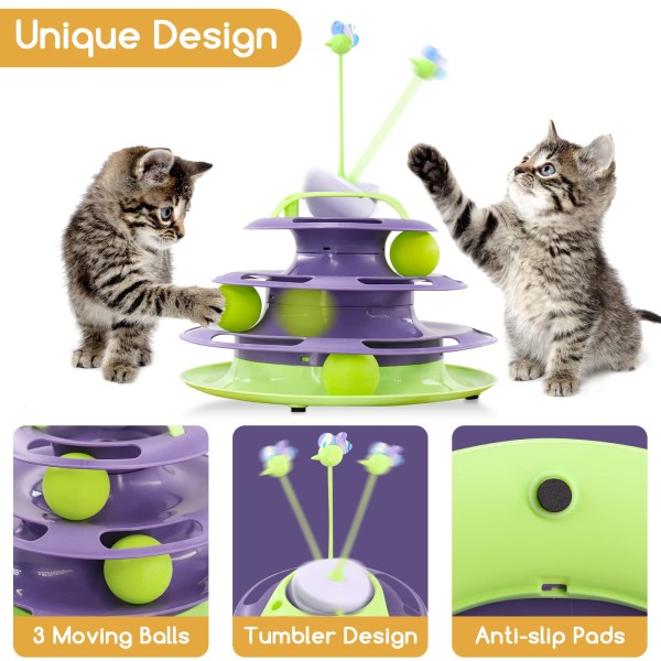4-lags kattetårn-rulleleke, interaktiv katteleke med glass for katter innendørs lek, lilla+grønn