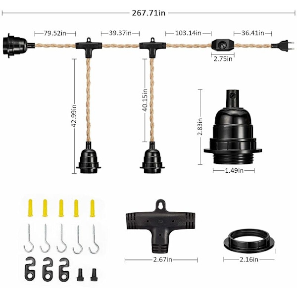 E27 2-kjerne lin elektrisk kabel, vridd elektrisk kabel for lysarmaturer med justerbar bryter og 6,8 m lampekontakt (tre lampekontakter)