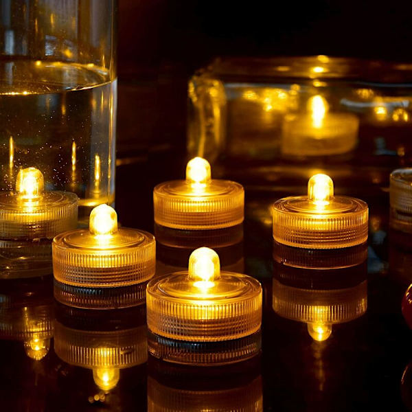 Gule Vandtætte Runde Mini LED Telys Under Vand Lys, Nedsænkbare Lys til Hjem, Bryllup, Fest, Vase, Festival, Valentinsdag Dekoration (12 stk.)