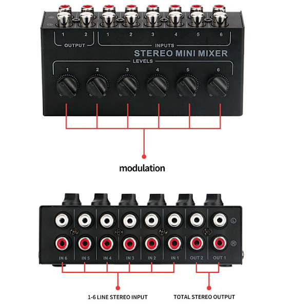 CX600 Mini 6-kanals stereo passiv mixer, bärbar RCA-ljudmixer, 6 in 2 ut stereodistributör, volymkontroll