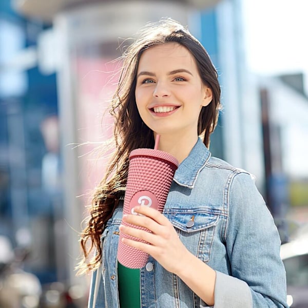 Takeaway Kaffekopp, 710ml, med Lopp og Sugerør, for Kald og Varmt Vann, for Treningssenter, Kontor, Hjem, Skole (Rosa)