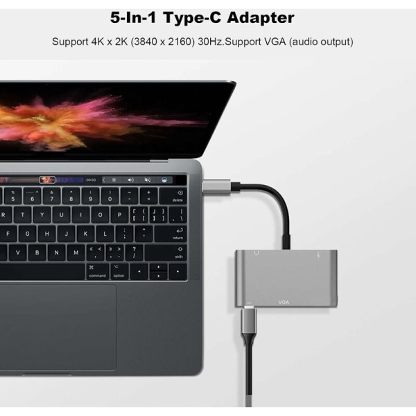 USB C -keskittimen moniporttisovitin -5 in 1, HDTV-monitoimisovitin, jossa 4K USB C - USB 3.0 / TypeC/HDMI/VGA/PD/AV-portti, yhteensopiva XPS:n kanssa, MacBookille