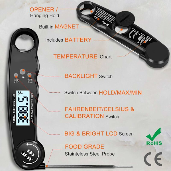 Kökstermometer, 3s Instant Avläsning Kocktermometer, Kötttermometer, Med LCD-Bakgrundsbelyst Skärm, Vikbar Sond för Matlagning, Kött, Grill, Ste