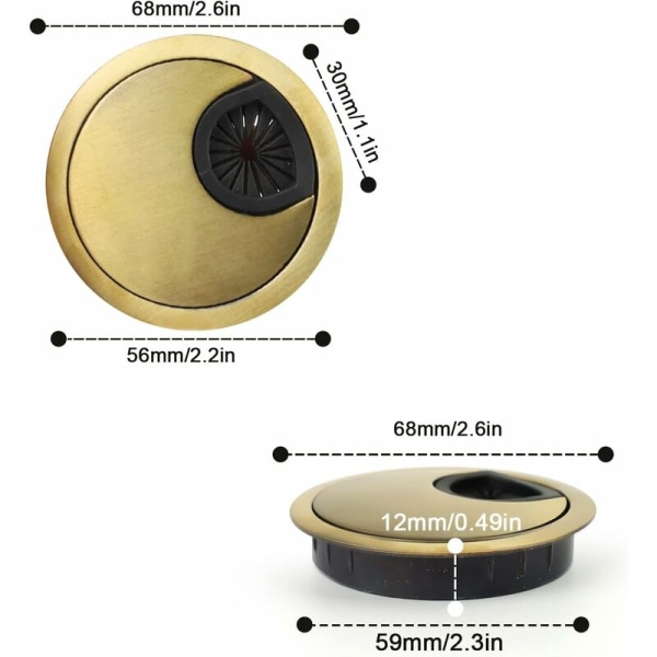 2 stk. Noble Cable Pass 60 mm Kabelhulldeksel for Skrivebord, Skrivebord og Benkeplater Materiale: Sink-legering (Bronse)