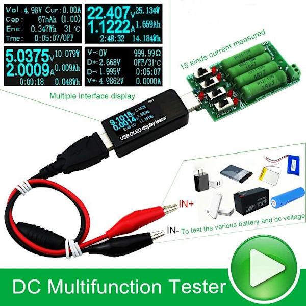 Batteritester/USB DC Voltmeter Ammeter 18650 Kapacitetsmåler Elektronisk belastningsafladningsmodstand Krokodilleklemmer Krokodilletråd