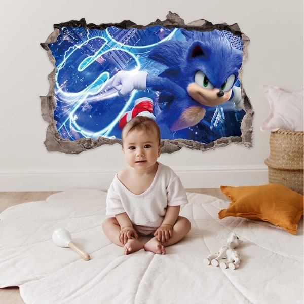 Bakgrunnsveggklistremerke for barn tegneserie, 3D-dekor Sonic Adventure TV-bakgrunnsvindudekorasjon (63,5 cm*43 cm)
