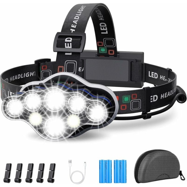 Hodelykt, hodelykt 18000 lumen 8 LED 8 lysmoduser, ultra kraftig LED hodelykt USB oppladbar 90° justerbar vanntett og lett for