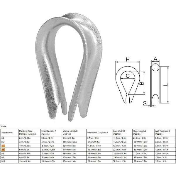 50 stycken Wire Rope Thimble Wire Rope Clips Rostfritt Stål Wire Rope Rigging Verktyg för Skeppsbyggnad (M4 (4 mm))
