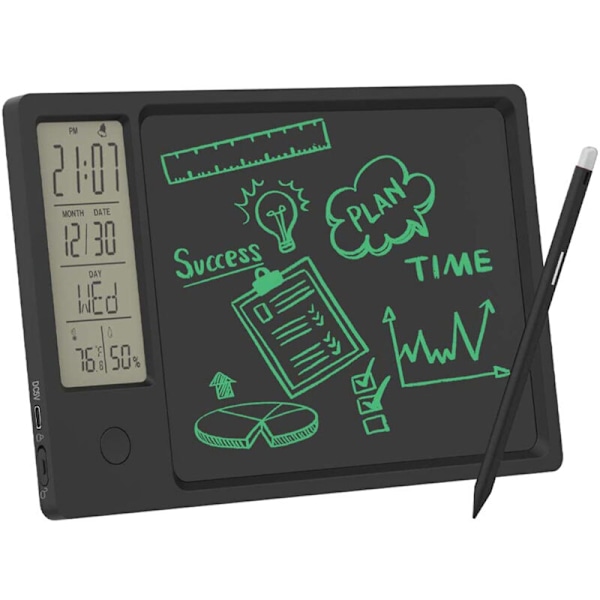 LCD-väckarklocka med skrivtavla, ritplatta, termometer, hygrometer, skola, kontor, raderingsspärr (svart)