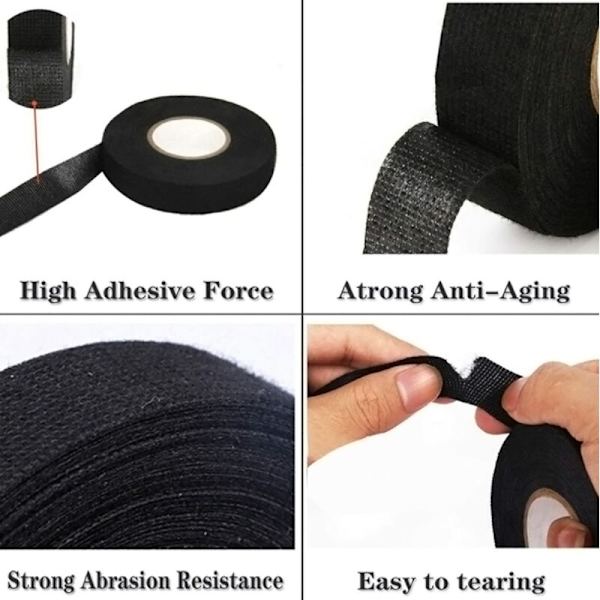 4 stk. sort selvklæbende tape (1,5 cm x 15 m) - bilkludstape, højtemperaturklæbebånd, kraftig sort tape, stoftape, bil ledningsføring H