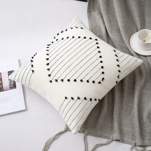 Set om 2 kuddfodral 45x45cm, bohemisk dekorativ kudde modern vävd fyrkantig örngott för soffa sovrum vardagsrum, svart och vit