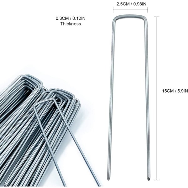 Galvaniserade stålfixeringspinnar (50 stycken) - Stark fixering av häftklamrar för marktäckningsduk, nät och nät - 150 mm lång, 30 mm bred, Ø 3 mm Sktooy