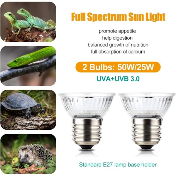 25/50W UVA UVB Reptil Varmelampe med 2 Pærer, Solbadningssted Hængende Lampe med Klips & Afbryder, Kæledyrsvarmelampe til Skildpadde Tank (E27, 220V)