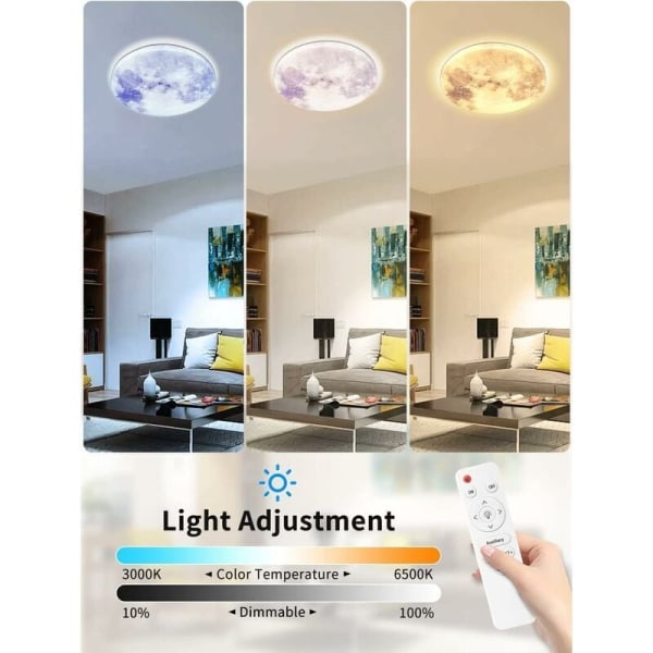 LED-loftslampe, måneloftslampe med fjernbetjening, Ø 38 cm, 3000-6500K dæmpbar, natfunktion, væglampe til stue soveværelse (380x50 mm)