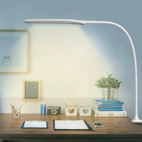 LED Skrivebordslampe 9W Arbejdslys Bordlampe Arkitekt Klemmelampe 3 Farvetilstande 360 Graders Fleksibel til Læring, Læsning, Arbejde (Hvid)