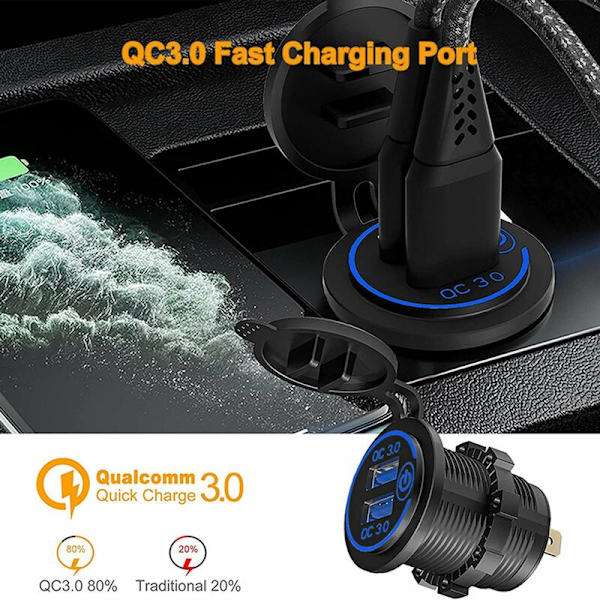 Snabbladdning 3.0 Dubbel USB-billaddare Uttag Vattentät 12V/24V QC3.0 Laddaruttag Strömuttag med Touch Switch C
