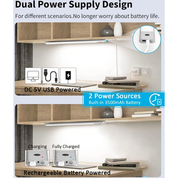 Köksbelysning under skåp med sensor, 40 cm skåpslampa 2 i 1 laddningsbar och USB-driven 5V DC LED-remsa under hylla trådlös batteri