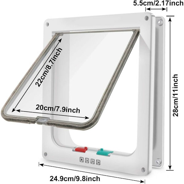 -Stor Kattelem (Ydre Størrelse 28cm x 24,9cm), 4-Vejs Lås Dyrelem til Katte og Små Hunde med Omkreds 63cm, Nem at Installere og Bruge