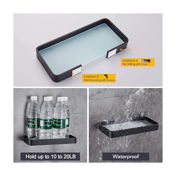 Badeværelseshylde i hærdet glas, ingen boring, rektangulær brusehylde, sort (26 cm)