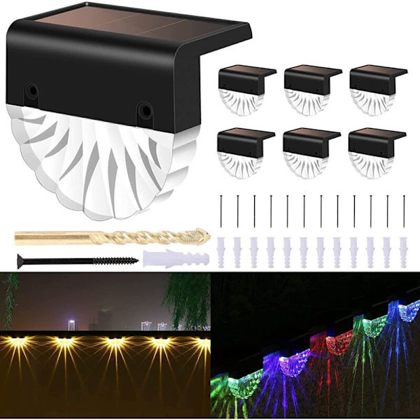 Sollampa för utomhus, LED-väggbelysning, 6-pack varmvit + RGB-färg, solcellslampor för vägg, staket, uteplats, trädgård, gångväg [Energi