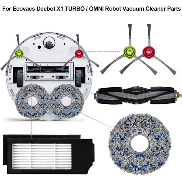 Reservedelersett for Ecovacs Deebot X1 Omni, X1 e Omni, X1 Turbo, T10 Turbo/Omni robotstøvsuger, 1 børste, 2 filtre, 6 sidebørster