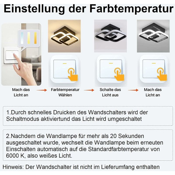 Moderne Loftlampe 3000k-6000k Justerbar Lysarmatur til Spisestue, Køkken, Soveværelse, Gang, Kontor (Sort)