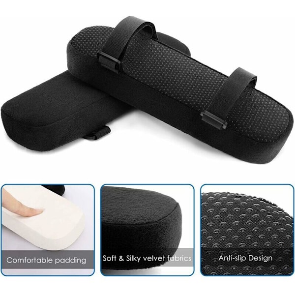 Sett med 2 ergonomiske kontorputer for albuer i mykt minnefoam, universell justerbar pute for armlene på stolen - svart