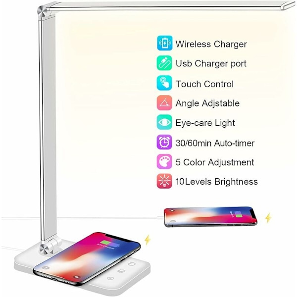 LED-pöytälamppu, himmennettävä pöytälamppu, tukee langatonta puhelimen latausta, kosketusohjaus silmien suoja, USB-portti/aika-asetus, taitettava/kääntyvä