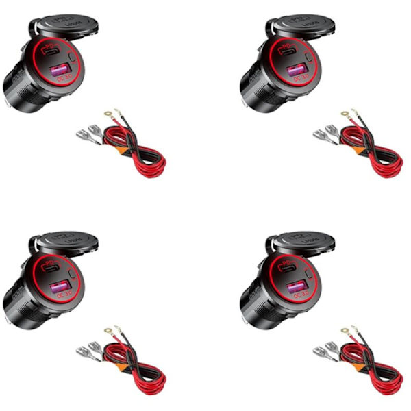 4X USB PD Type C & QC 3.0 Billaddare 12V Uttag med På/Av-knapp för Motorcykel RV ATV, Röd