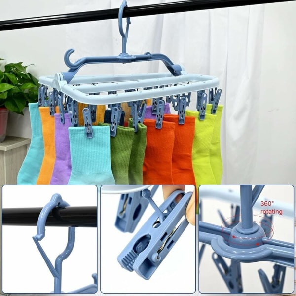 Socktorkställ, Hängande Tvättställ med 32 Vindtäta Klämmor, Vikbart Lingerie Socktork för Sockor, Underkläder, Babykläder, Handdukar (Blå