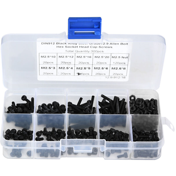 300 st M2.5 x 3-20 mm 12.9 Grade Legering Stål Svart Hex Socket Huvud Skruv Bult med Mutter
