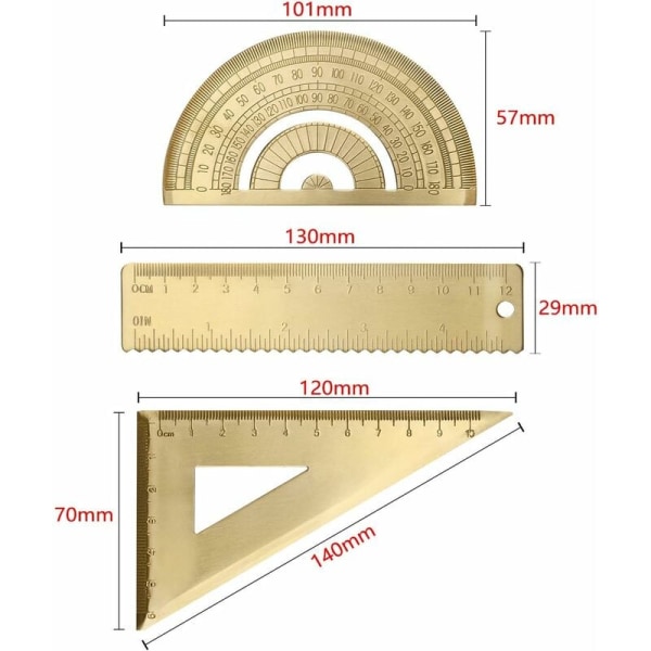 Messing matematikk geometri sett Retro metall bølgelinjal og trekantlinjal geometri standard vinkelmåler trekant skala matematikksett studentutstyr tilgang