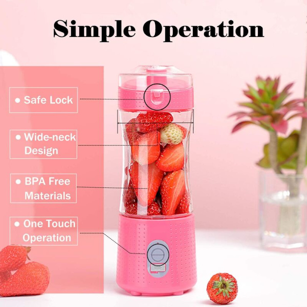 Bärbar Blender, Personlig Storlek Smoothies och Shakes Cup USB Laddningsbar Juicer med 6 Kraftfulla Blad - Rosa
