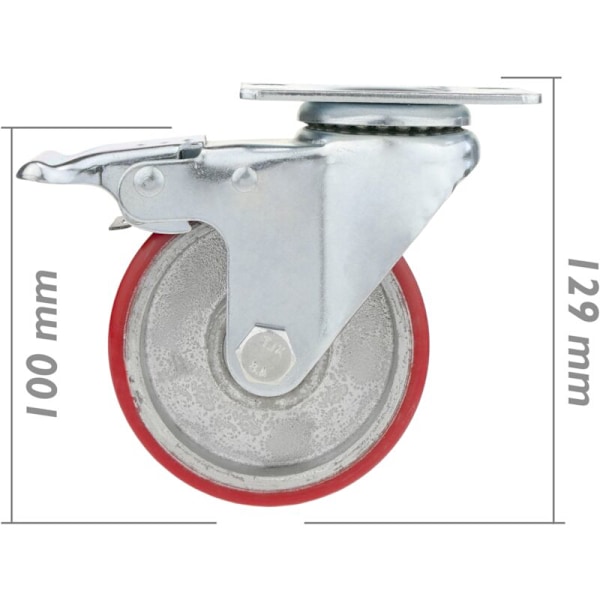 Teolliset pyörät polyuretaanista ja metallista, jarruilla, 100 mm, 2 kpl