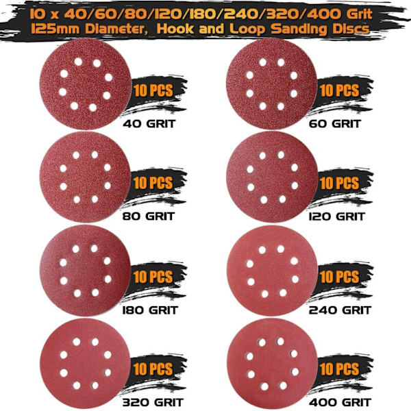 80-pack Slippapper för Excentrisk Slip, (Ø125mm Slippappersats), 10 x 40/60/80/120/180/240/320/400 för Random Orbital Slip