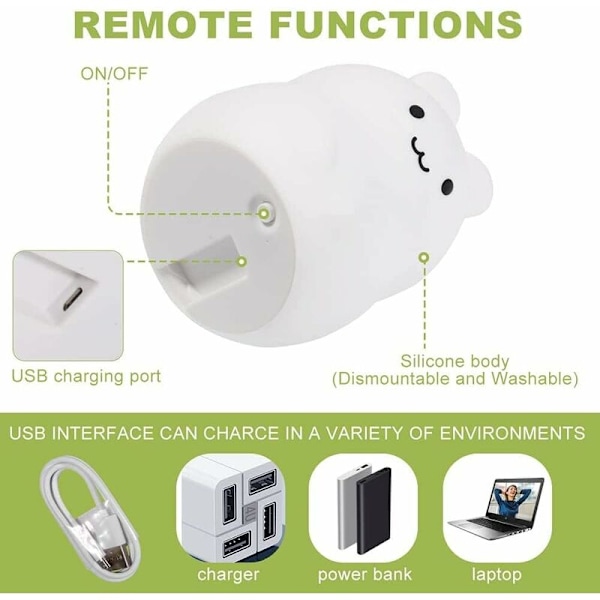 Baby Natlampe, LED Kanin Lampe, Børnenatlampe med Fjernbetjening, Silikon Natlampe Dæmpbar Berøringslampe Ved Sengen, 9 Farver Variabel, USB Ni