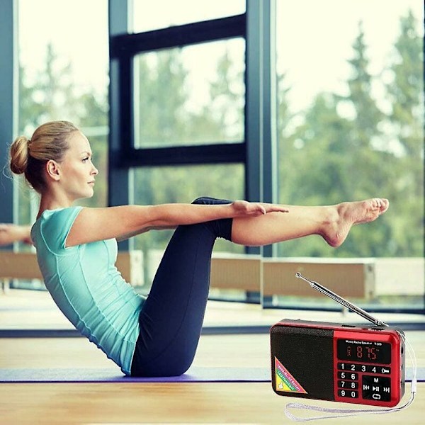 Mini Kannettava FM-Radio USB Micro-SD Ja Sisäänrakennettu MP3-Soitin, LED-Taskulamppu, Ladattava 1500 mAh (Punainen)
