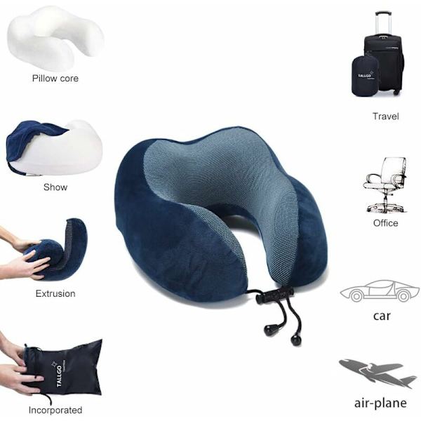 Rejsepude, Memory Foam Nakkepude, Hovedstøtte, Søvn, Hvile, Fly, Bil og Hjem, Blød Pude (Mørkeblå)