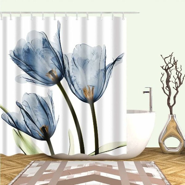 Blomstermønstret bruseforhæng Vandafvisende skimmelresistent polyesterstof Badeværelsessæt med kroge (180 x 180 H CM 100% Polyester) Blå