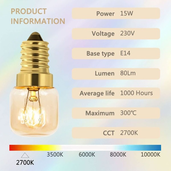 Sett med 5 Saltpærer 15W E14 T22, Varmt Hvit Glødelampe 2700K, 80LM, AC 230V, Ovnlampe 15w 300°, For Ovn, Kjøleskap, Saltlampe, Grillovner