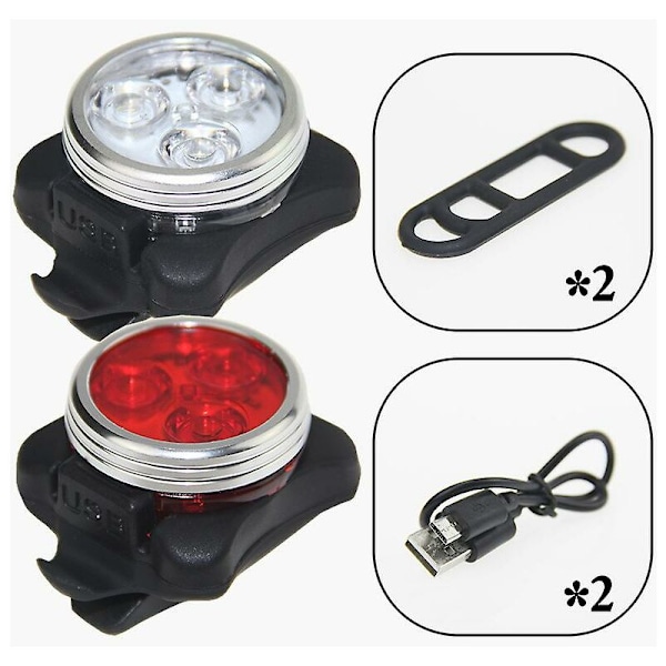 Vanntett sykkellampe med 3 LED-lys, USB-ladbare, 4 moduser, for nattkjøring foran og bak