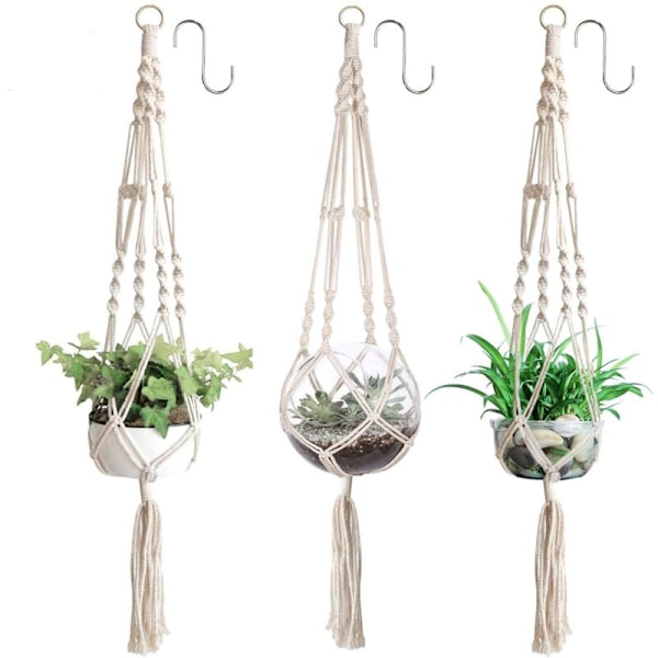 Set med 3 Macrame Hängande Korgar Bomullsrep Hängande Korg Blomkruka Växtställ Hängare för Inomhus Utomhus Tak