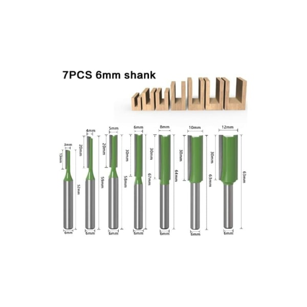 7 st 6 mm skaft raka fräsar, fräsar, för trä volframkarbid träbearbetningsverktyg, enkel dubbel flöjt rak fräs träbearbetning, 3 mm 4 mm