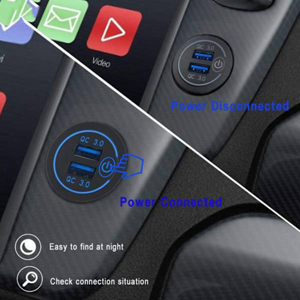 2 kpl QC3.0 kaksois-USB-autonlaturi 12V/24V sytytinpistorake sinisellä kosketuskytkimellä