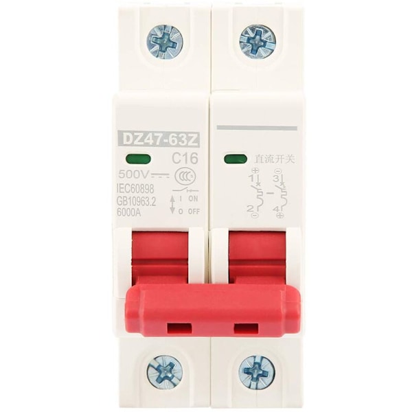 Mini Afbryder 16A, 2P DC MCB Beskyttelsesafbryder 500V DC DZ47-63Z-2P Afbryderkredsløb, Sikkerhedsafbryder, Miniatureafbryder